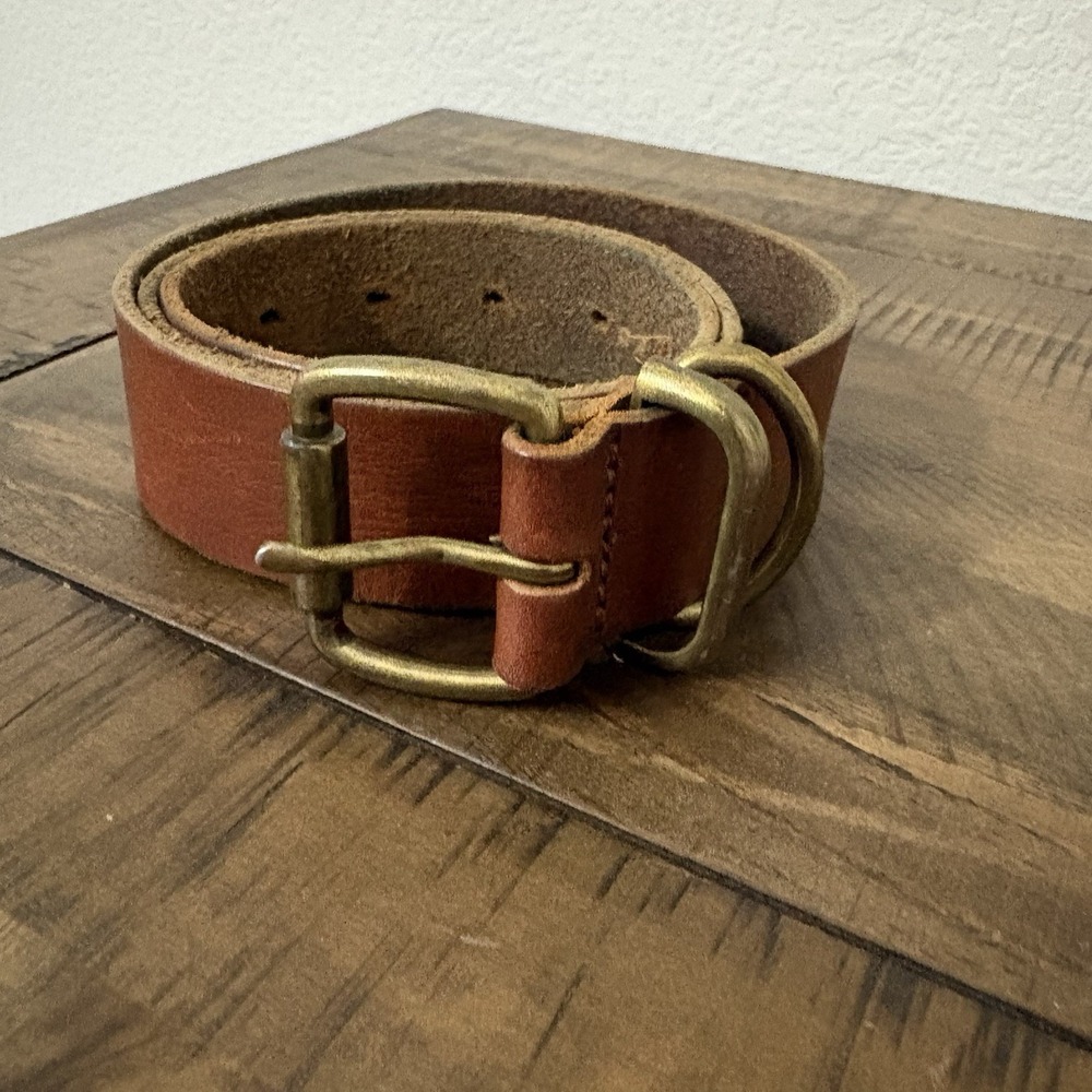 Vintage Gap Brass Buckle Brown Italian Leather Belt Size-34 Made in USA 1.25"